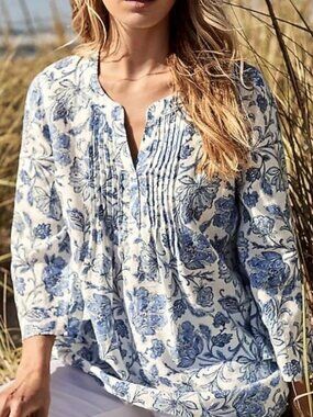 NWT J.Jill Love 100% Linen Floral Pintuck Tunic Top Blouse Size LT Tall